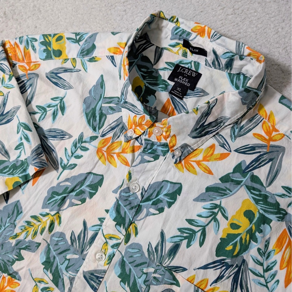J.Crew Short Sleeve Shirt Mens XL White Tropical Leaf Print Stretch Slim Fit